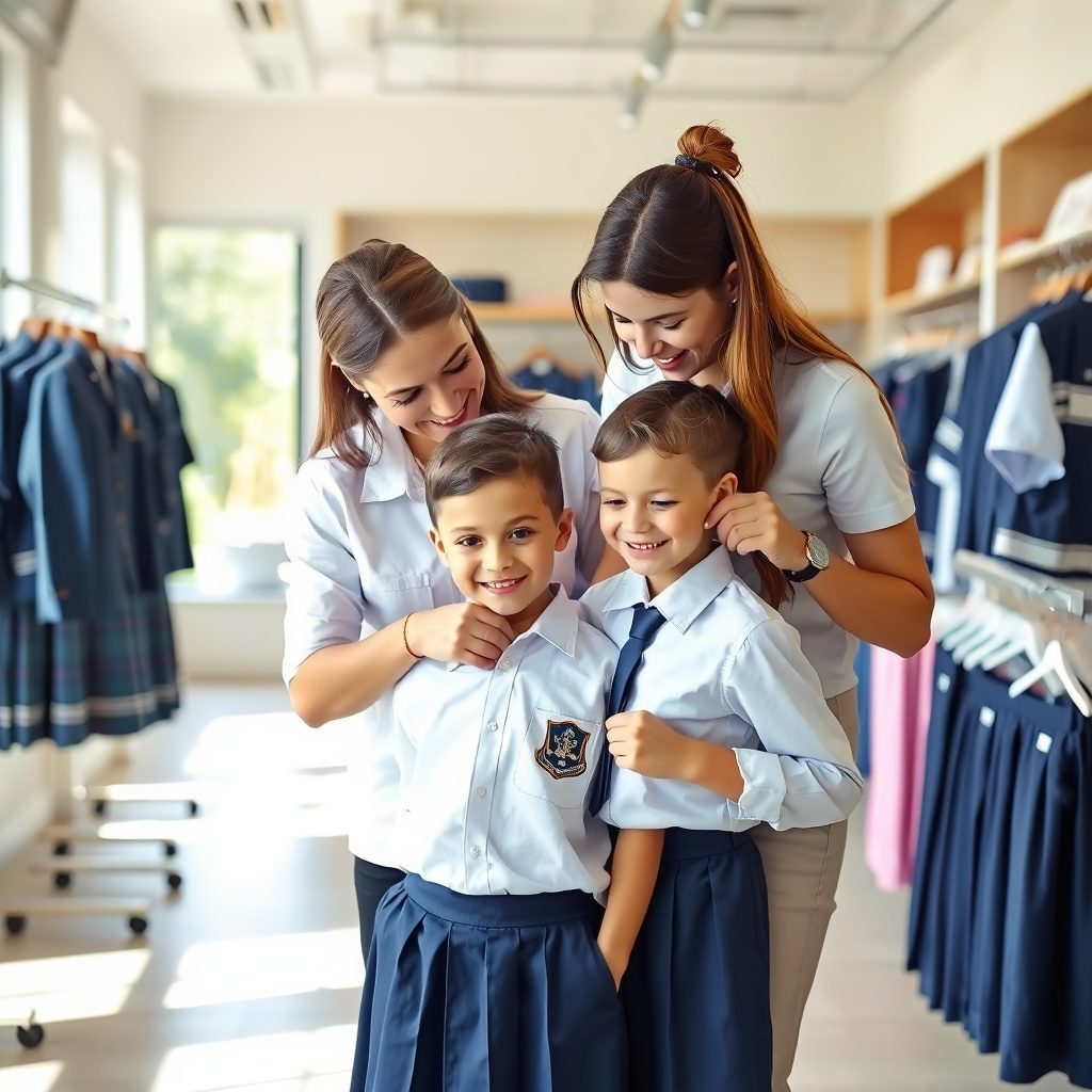 School uniforms displayed in a fitting area
